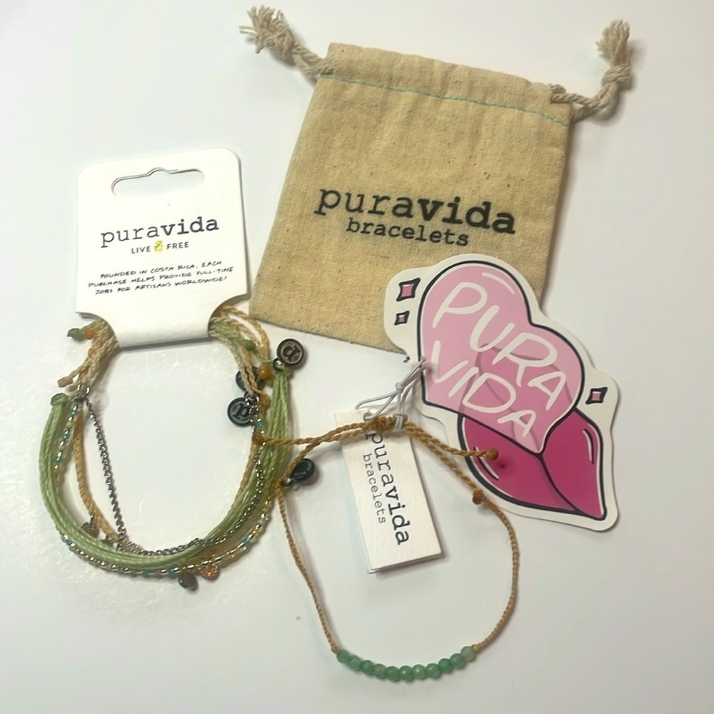 PURAVIDA Pura Vida Bracelet Set 4‎ green tan turquoise chain Jewelry bag sticker